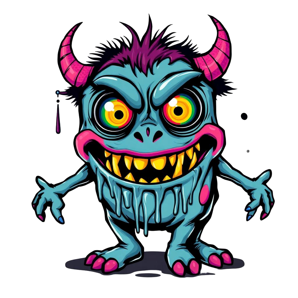 Funky graffiti monster with drippy paint texture and bright horns