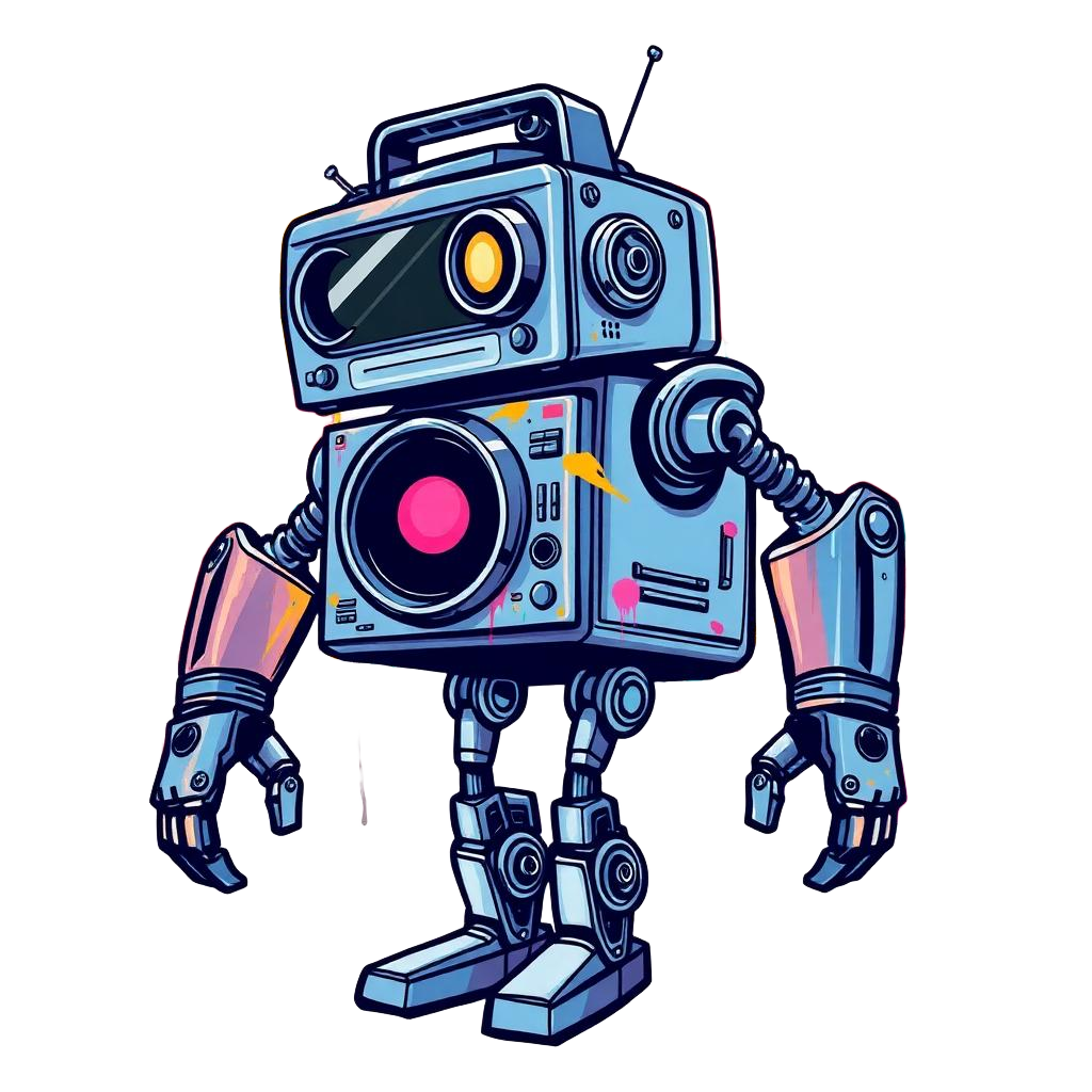 Hip-hop graffiti robot built from a boombox with paint splashes