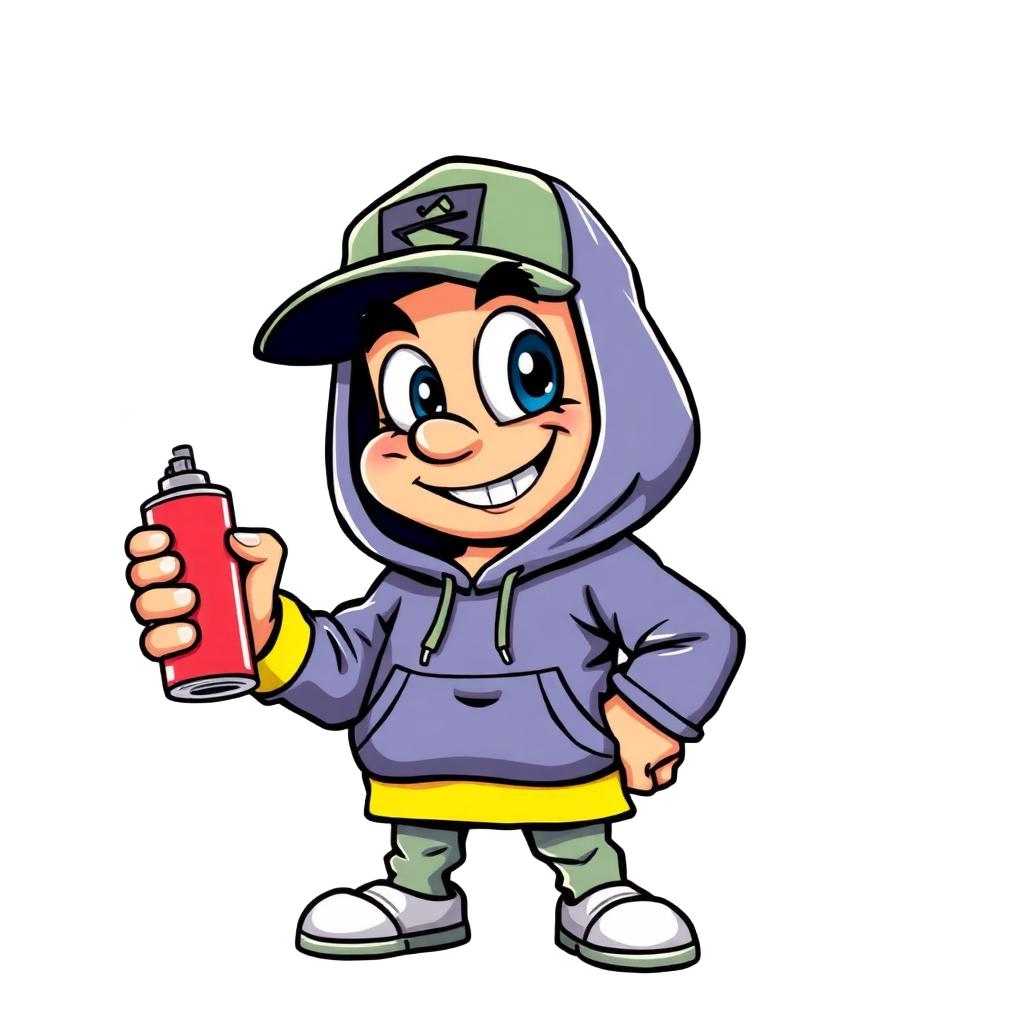 Graffiti character holding a spray can wearing a hoodie and cap